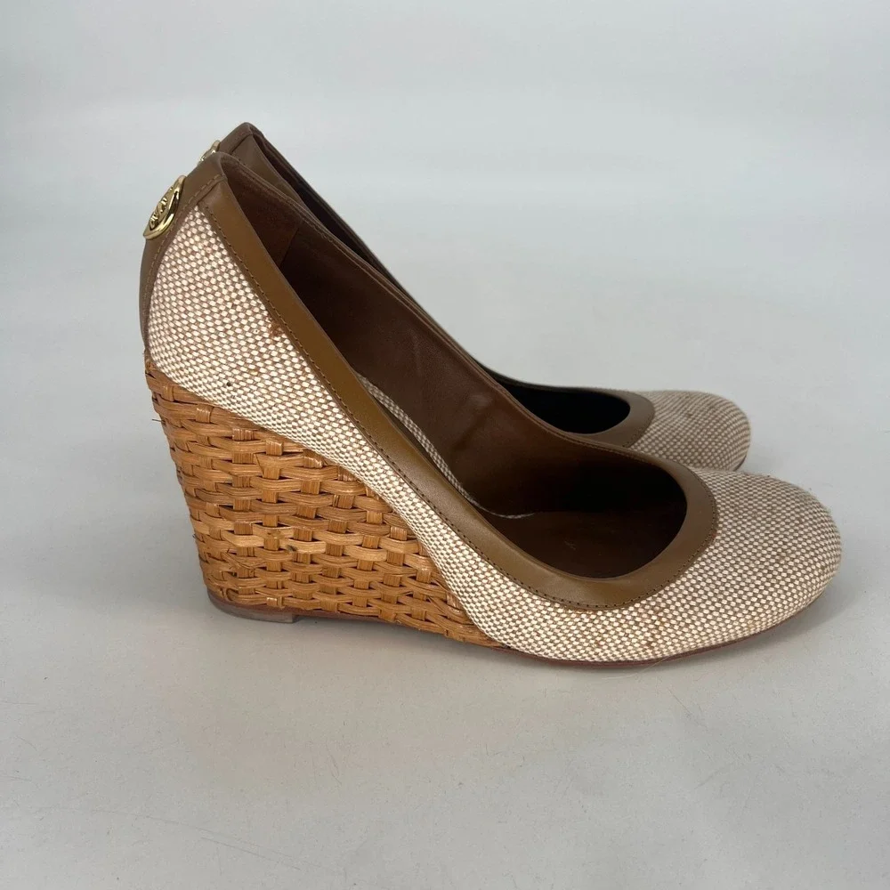 Tory Burch Wedges Womens 9.5M Woven Wicker Summer Sandal Heel Y2K Neutral